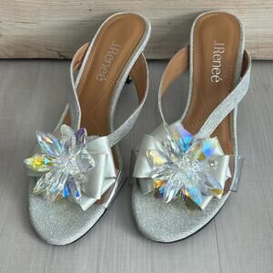 J.Renee Women's Silver Slingback Heels with Crystal Floral Accent